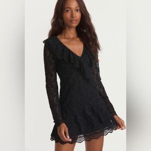 LoveShackFancy Athala Black Lace Mini Long Sleeve Dress